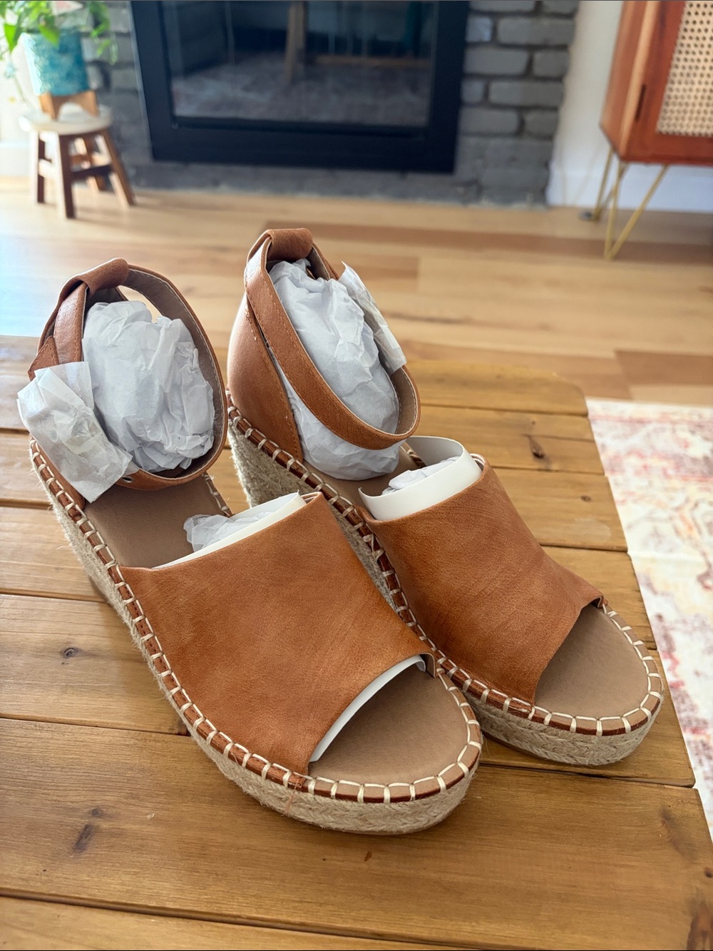 BEAST FASHION Cognac Brown Espadrille Wedge Sandals with Ankle Strap
